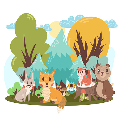 Scene with kawaii vector forest animals in the forest - squirrel, bunny, bear and fox. Illustration in flat cartoon style.