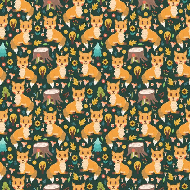 Vector illustration of Seamless vector children's design with foxes in a forest theme. children's print