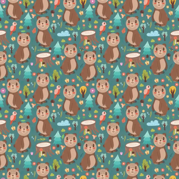 Vector illustration of Seamless pattern with cute bears along with stump and mushrooms, leaves, trees and other forest elements. Vector illustration, background color can be changed