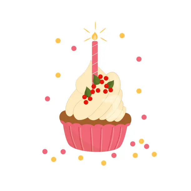 Vector illustration of Birthday berry cupcake with candle and confetti.