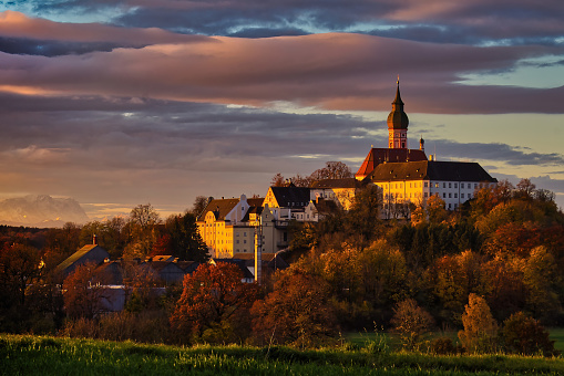 The Cloister Andechs and the alps in sunrise