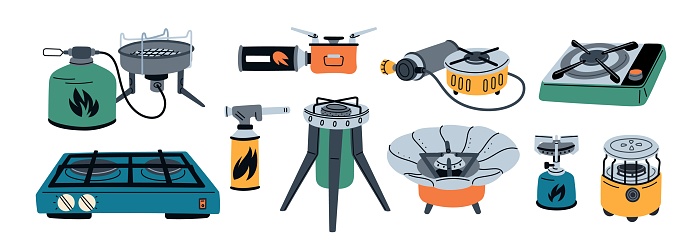 Camping gas stoves. Portable burners for outdoor cooking. Propane tanks. Hiking picnic cookers. Expeditionary kitchen. Camp furnaces. Travel fuel cylinder balloons. Touristic ovens. Garish vector set