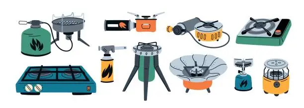 Vector illustration of Camping gas stoves. Portable burners for outdoor cooking. Propane tanks. Hiking cookers. Expeditionary kitchen. Camp furnaces. Fuel cylinder balloons. Touristic ovens. Garish vector set