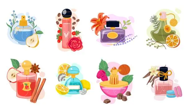 Vector illustration of Perfume ingredients. Essential oil bottles and aromatherapy elements. Perfumery aroma. Fragrances notes. Fruits smell. Flower and spice flavors. Aromatic cosmetic. Recent vector set