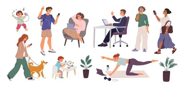 Vector illustration of People communicate on social media networks. Internet surfing. Woman reading books. Man listening to music. Phones and laptops using. Video training. Selfie photo. Garish vector set