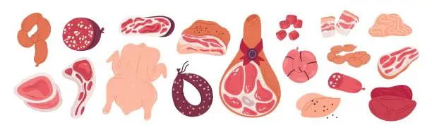 Vector illustration of Cartoon meat products. Natural farm food. Gastronomic delicacies animal origin. Smoked sausages. Beef steaks. Pork bacon and ham. Fresh chicken or lamb. Butcher shop. Garish vector set