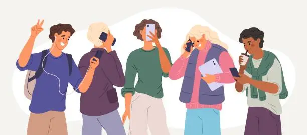 Vector illustration of Teenagers group with smartphones. People in casual clothes. Friends communicate on social networks. Girl listening to music. Guy shooting selfie. Persons chatting. Garish vector concept