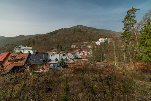 Spa town from green forest over valey with streets of Jachymov CZ 03 30 2024