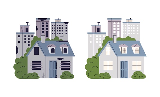 City before and after natural disaster. Damaged buildings. Destroyed city and good new buildings. Earthquake or war. Natural disaster. City after catastrophe. Vector illustration on white background.