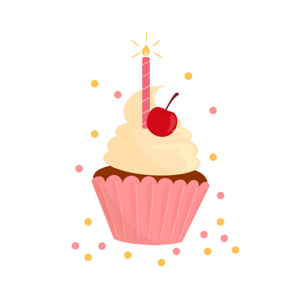 narozeninový košíček s třešněmi, svíčkou a konfetami. - cupcake stock ilustrace