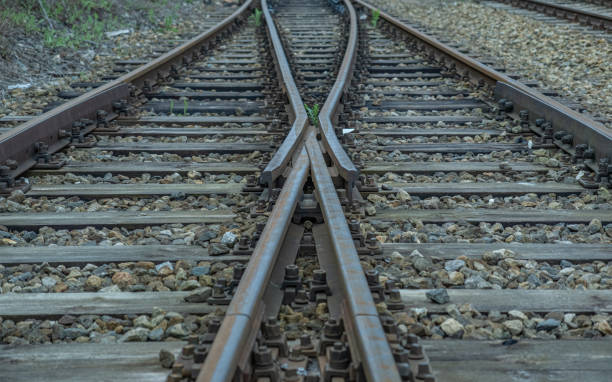 istock Old railway turnout level crossing 2130866752