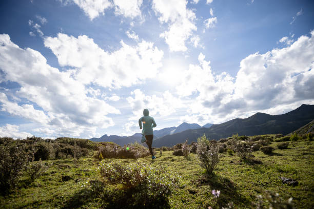 istock Successful woman outstretched limbs at high altitude mountain peak 2130872708