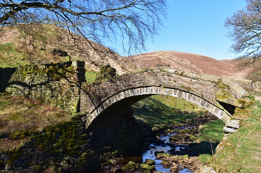 A rocky stream flowing down high moorlands under an old stone arched bridge by a tree on a sunny day with blue sky