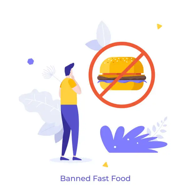 Vector illustration of Person looking at crossed out hamburger. Concept of banned fastfood or junk processed food, diet and cheat meal, calorie restriction. Modern flat colorful vector illustration for poster, banner.