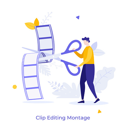 Person cutting videotape with scissors. Concept of film editing, editor's work, filmmaking process, movie making or video post-production. Modern flat colorful vector illustration for banner, poster.