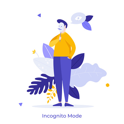 Unknown person covering its face with mask. Concept of incognito mode in Internet browser, anonymous online surfing or private browsing. Modern flat colorful vector illustration for banner, poster.