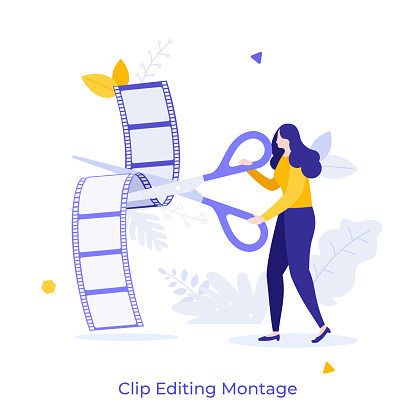 Woman cutting videotape with scissors. Concept of film editing, editor's work, filmmaking process, movie making or video post-production. Modern flat colorful vector illustration for banner, poster.