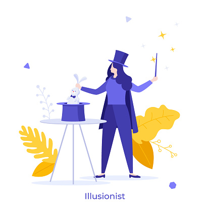 Illusionist, magician or prestidigitator demonstrating trick and taking rabbit out of top hat. Concept of stage magic performance, magical illusion. Modern flat vector illustration for banner, poster.