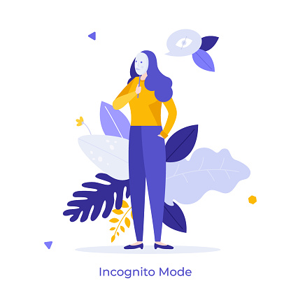 Unknown woman covering its face with mask. Concept of incognito mode in Internet browser, anonymous online surfing or private browsing. Modern flat colorful vector illustration for banner, poster.