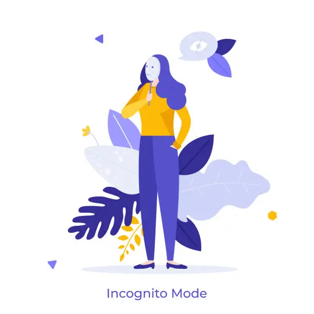 Vector illustration of Unknown woman covering its face with mask. Concept of incognito mode in Internet browser, anonymous online surfing or private browsing. Modern flat colorful vector illustration for banner, poster.