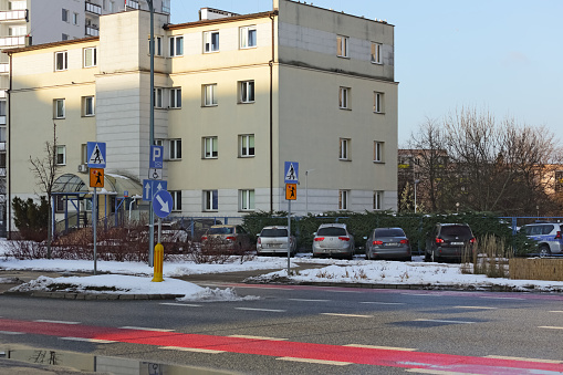 Warsaw, Poland - January 19, 2024: The building housing the local police station in the Goclaw subdivision of the Praga-Poludnie district.