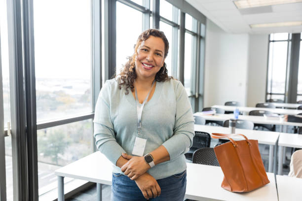 Portrait successful female professor in college classroom