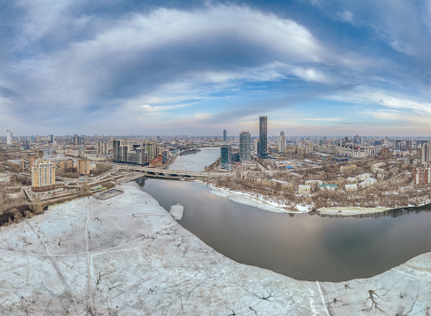 Yekaterinburg aerial panoramic view in Winter at sunset. Yekaterinburg city and pond in winter. Yekaterinburg, Russia