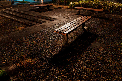 夜中の公園のベンチ