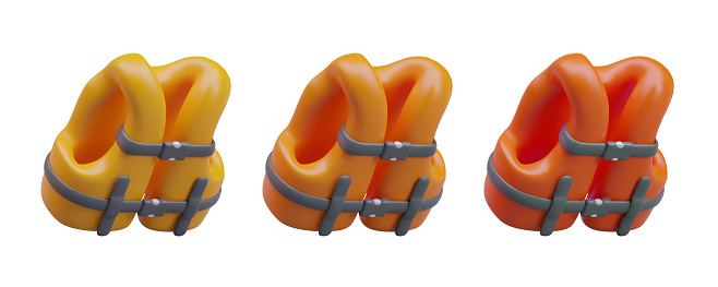 Collection of colored life jackets. Realistic objects in inclined position with shadows. Safety equipment, life preserver. Illustrations for swimming devices shop