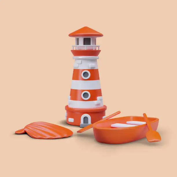 Vector illustration of Realistic lighthouse, orange shell, and boat with oars on orange background