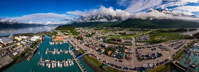 Panoramic shot from drone of Valdez, Alaska