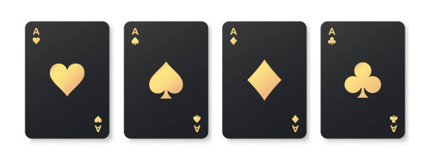 sada čtyř černých es v barvě hracích karet. zlatá srdce, piky, káry, křížové karty. vítězná pokerová kombinace. koncept hazardních her v kasinu. vektorové ilustrace - srdcová karta číselných kartách stock ilustrace