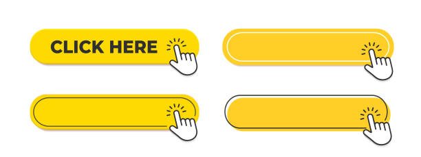 illustrazioni stock, clip art, cartoni animati e icone di tendenza di set di pulsanti gialli vettoriali. clicca qui pulsante con il puntatore della mano che fa clic - downloading push button symbol cursor