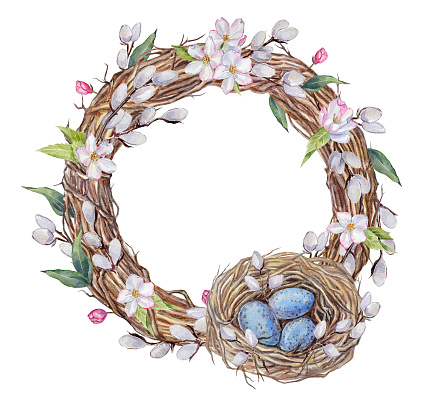 Watercolor Easter wreath with hand-painted illustrations of pussy willow branches, apple blossom flowers, leaves, a twig wreath, and a bird`s nest with blue eggs on a white background. Watercolor spring wreath.