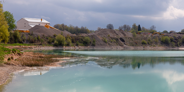 Germany, Bavaria, Schwabia, district Unterallgäu, Woringen, May 1st 2022, daytime scene of quarry lake \