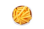 Corn stick chips in a bowl on a white isolated background