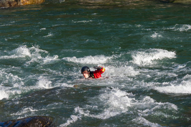 Chilliwack, BC, Canada - March 30, 2024 : Interesting sport Body Rafting in Chilliwack river in springtime