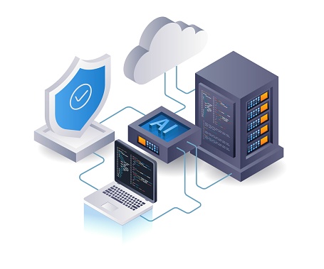 Artificial intelligence for cloud server security, flat isometric 3d illustration