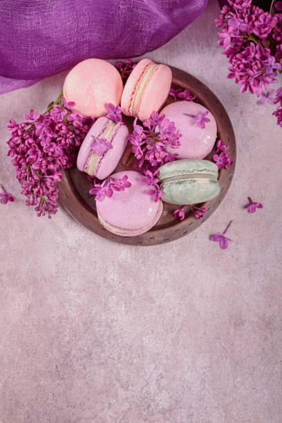 Sweet pastel french macaroons and lilac flowers on gray background
