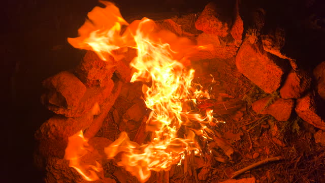 Burning camp fire with hot flames, burning wood sticks and logs, forest and nature camping trip, 4K shot