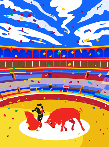 Spain Fiestas Bullfighting Abstract Poster. Spanish San Fermin Festival. Matador and bull are shown in arena. Modern design illustration. Running bulls main attraction famous celebration, Pamplona Fiesta vector, icon, Bullfight concept banner vector art template