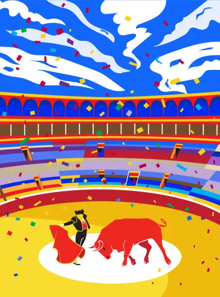 Vector illustration of Spain Fiestas Bullfighting Abstract Poster. Spanish San Fermin Running bulls Festival Vector