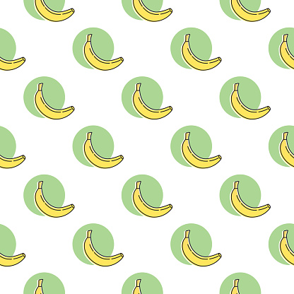 Vector seamless pattern of line art bananas and green circles on a square whitebackground.