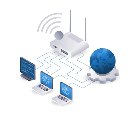 Computer internet router usage network concept, flat isometric 3d illustration