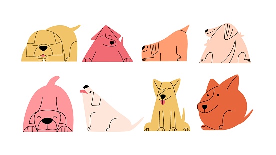 Set of abstract funny dogs. Cute doggy collection. Vector illustration in flat style