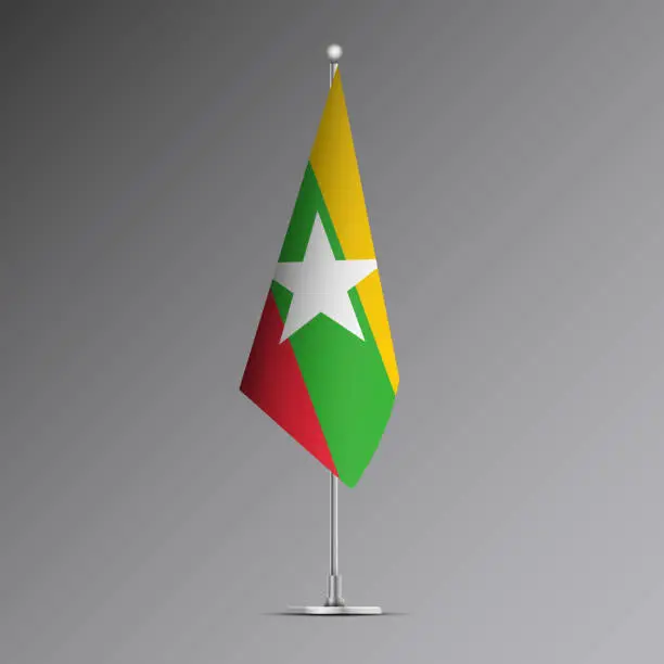 Vector illustration of 3D realistic flag of Myanmar on steel pole
