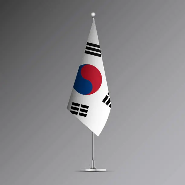 Vector illustration of 3D realistic flag of South Korea on steel pole