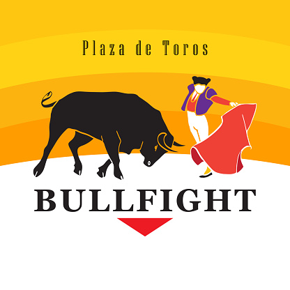 Spain Fiestas Bullfighting Abstract Poster. Spanish San Fermin Festival. Matador and bull are shown in arena. Modern design illustration. Running bulls main attraction famous celebration, Pamplona Fiesta vector, icon, Bullfight concept banner vector art template