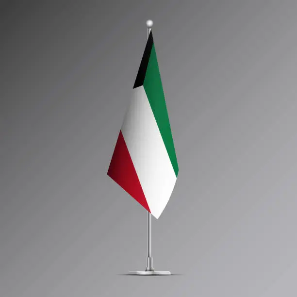 Vector illustration of 3D realistic flag of Kuwait on steel pole