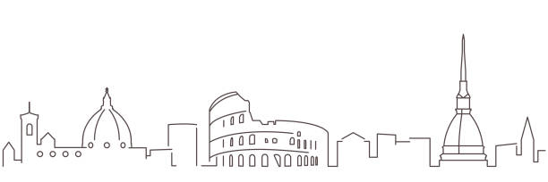 illustrazioni stock, clip art, cartoni animati e icone di tendenza di italia linea scura semplice skyline minimalista con sfondo bianco - torino